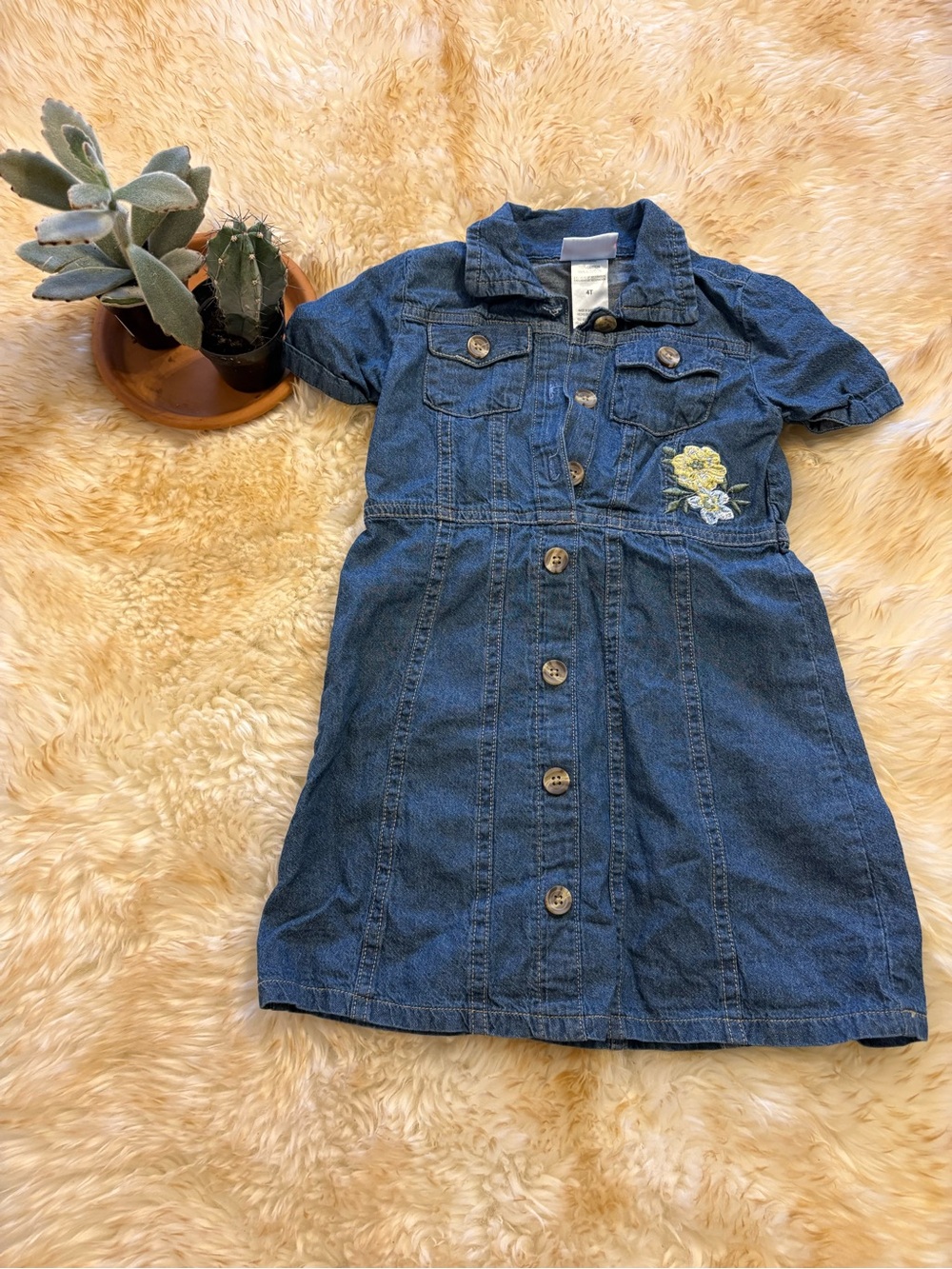 4T denim-like prairie dress with floral embroidery